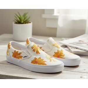 Vans Skate Sneakers White Floral Sunflower Embroidered Shoes Retail $70 Sz 9.5